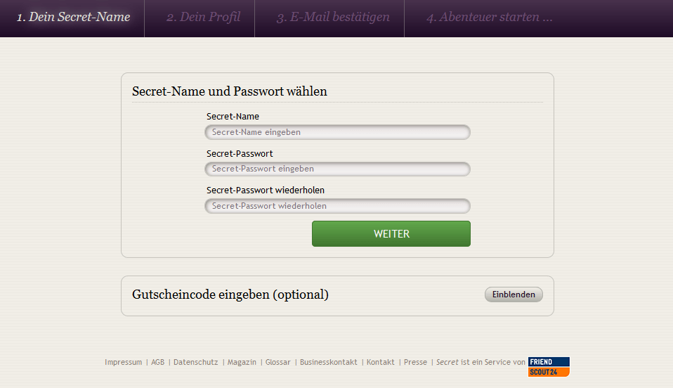 Nutzername und Passwort bei der Secret Registrierung.